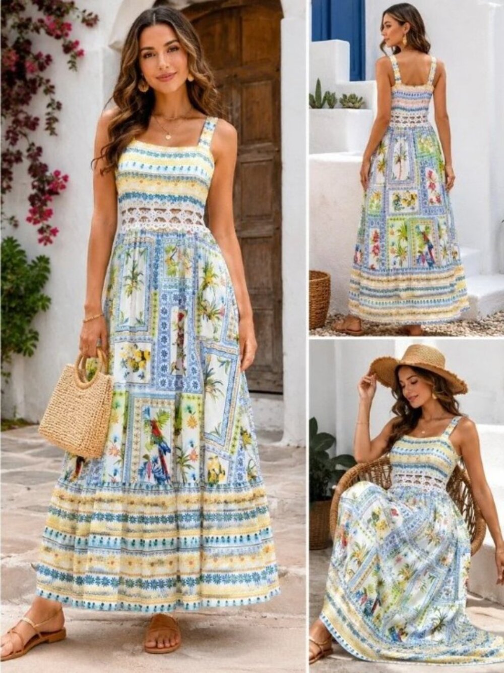 Cupshe Bohemian Floral Print Maxi Dress 🌸 NWT Square Neck Flowy Vacation Dress
